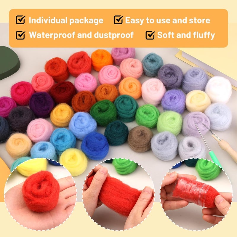 SOCNITC 45 Colors Needle Felting Kits for Beginners, Needle Felting Supplies with Tools, Felt Starter Kits with Needles, Storage Bag for DIY Handcrafts Decoration - Image 4
